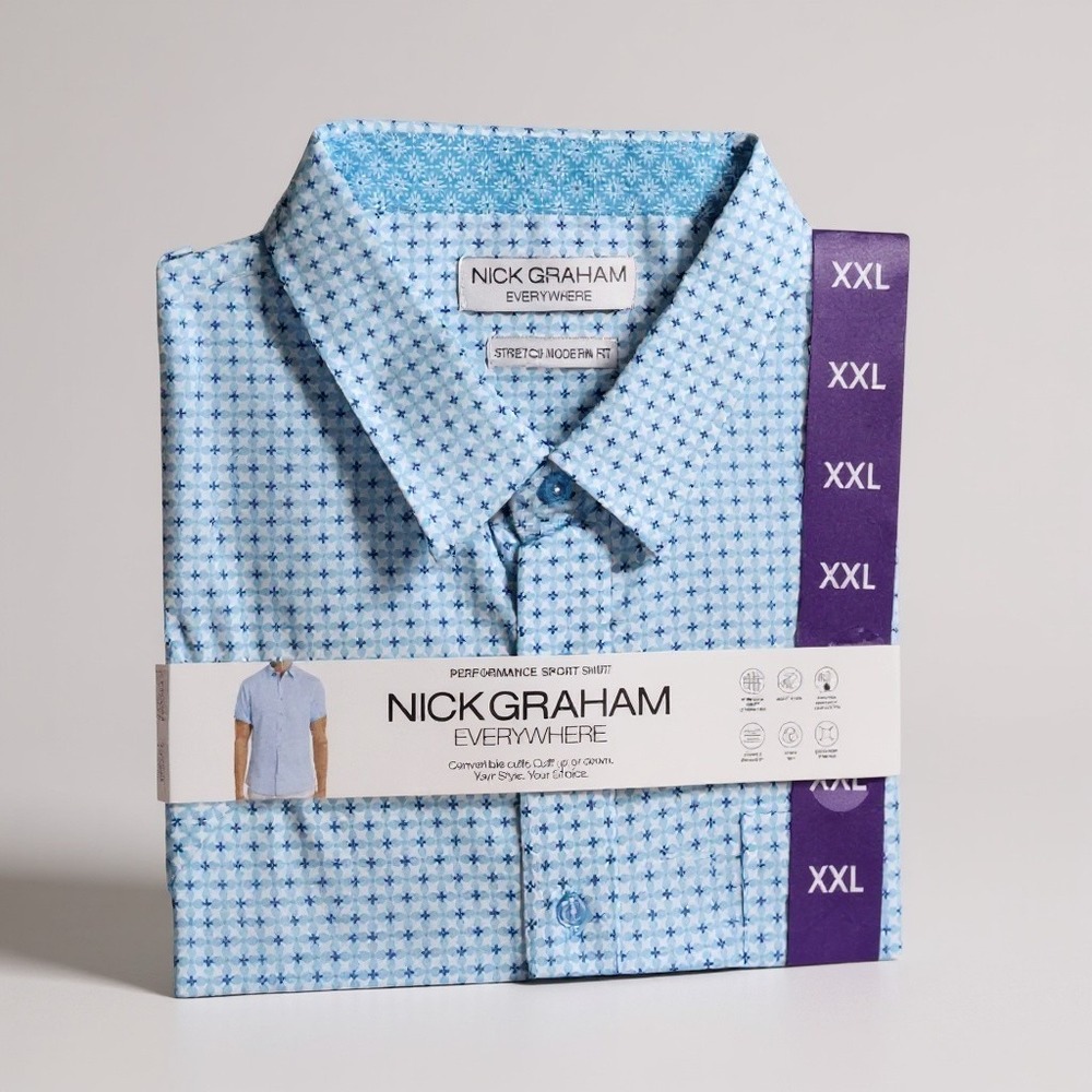 Nick Graham Men XXL Shirt NWT Performance Stretch Travel Tech Geometric Blue